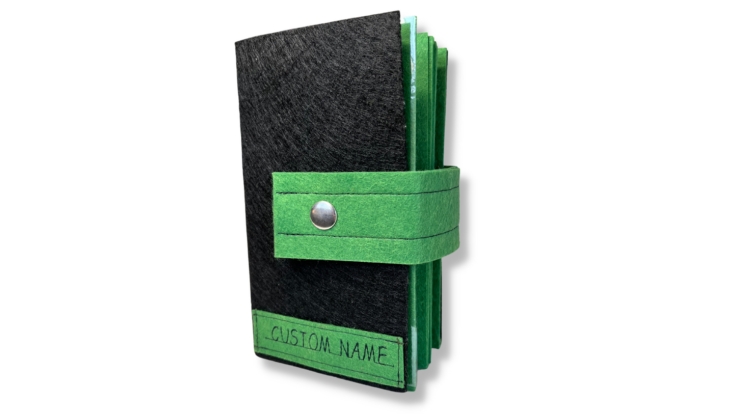 Custom Name Tag Premium GREEN Felt Pin Book (Black Cover)