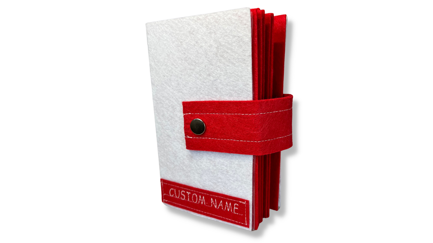 Custom Name Tag Premium RED Felt Pin Book (White Cover)