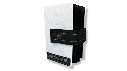 Custom Name Tag Premium BLACK Felt Pin Book (White Cover)
