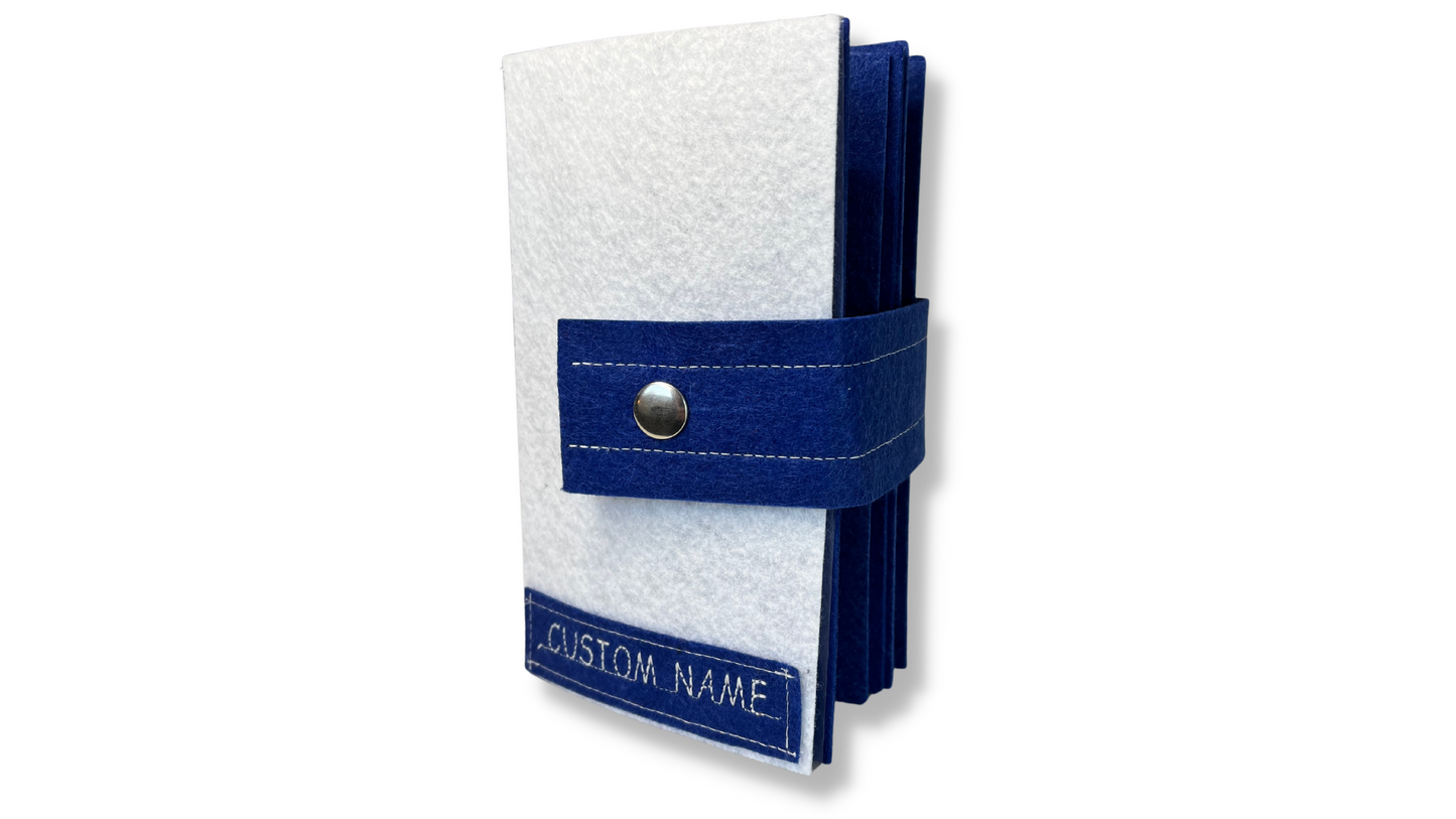 Custom Name Tag Premium BLUE Felt Pin Book (White Cover)