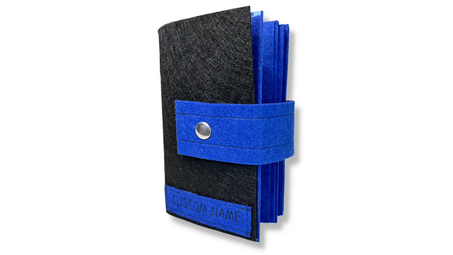 Custom Name Tag Premium BLUE Felt Pin Book (Black Cover)